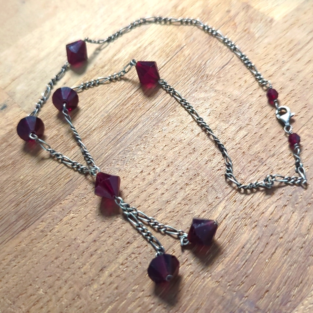 Sterling silver 90s Y necklace with red crystal beads